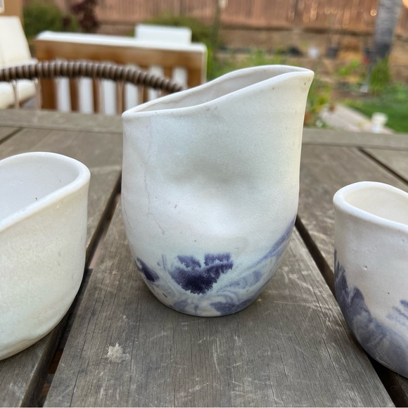 Studio Pottery 3 Piece Set White with Blue Swirl Pitcher and Mugs ART DECO - Picture 2 of 15